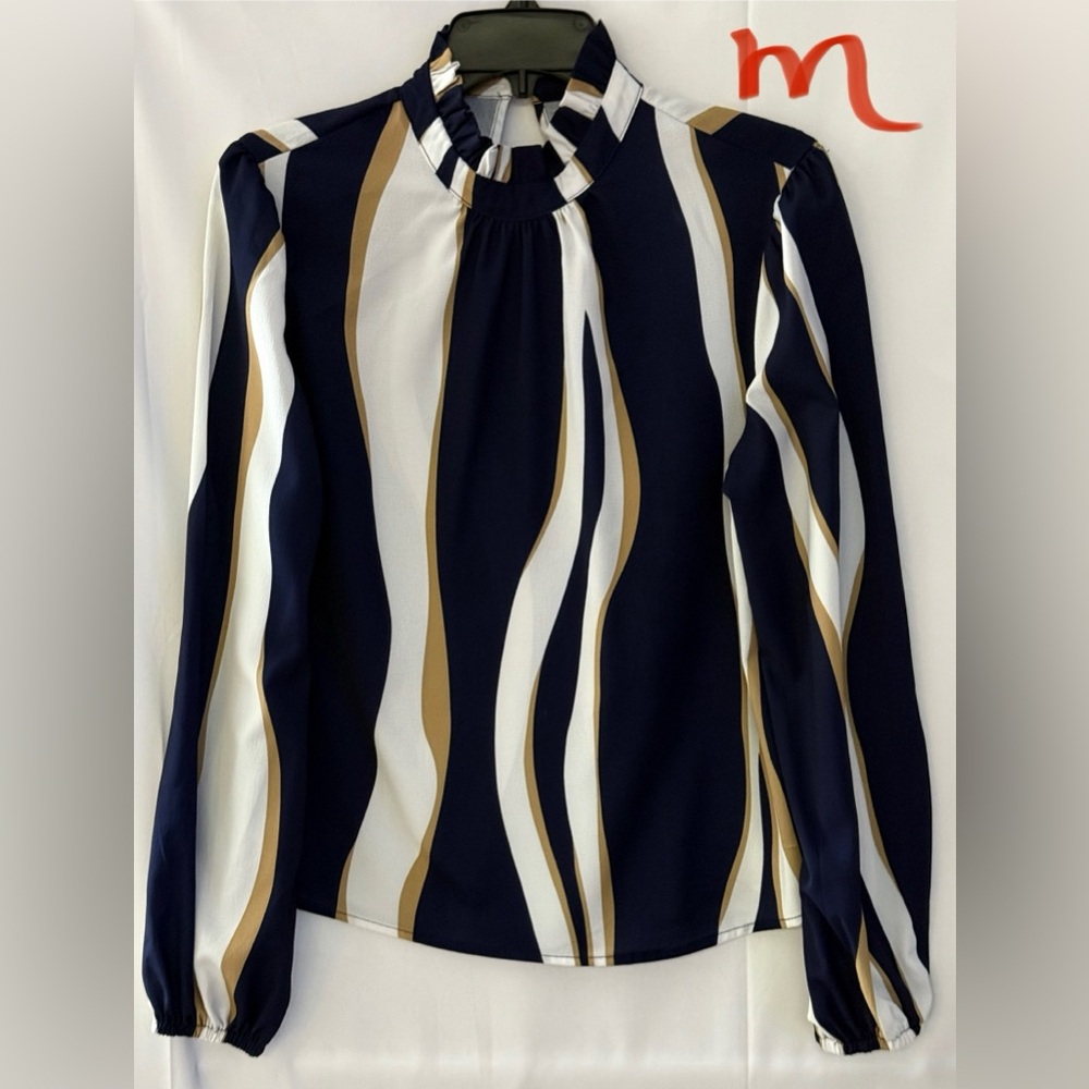 Chic Striped Women's Blouse in Navy, White, and Gold